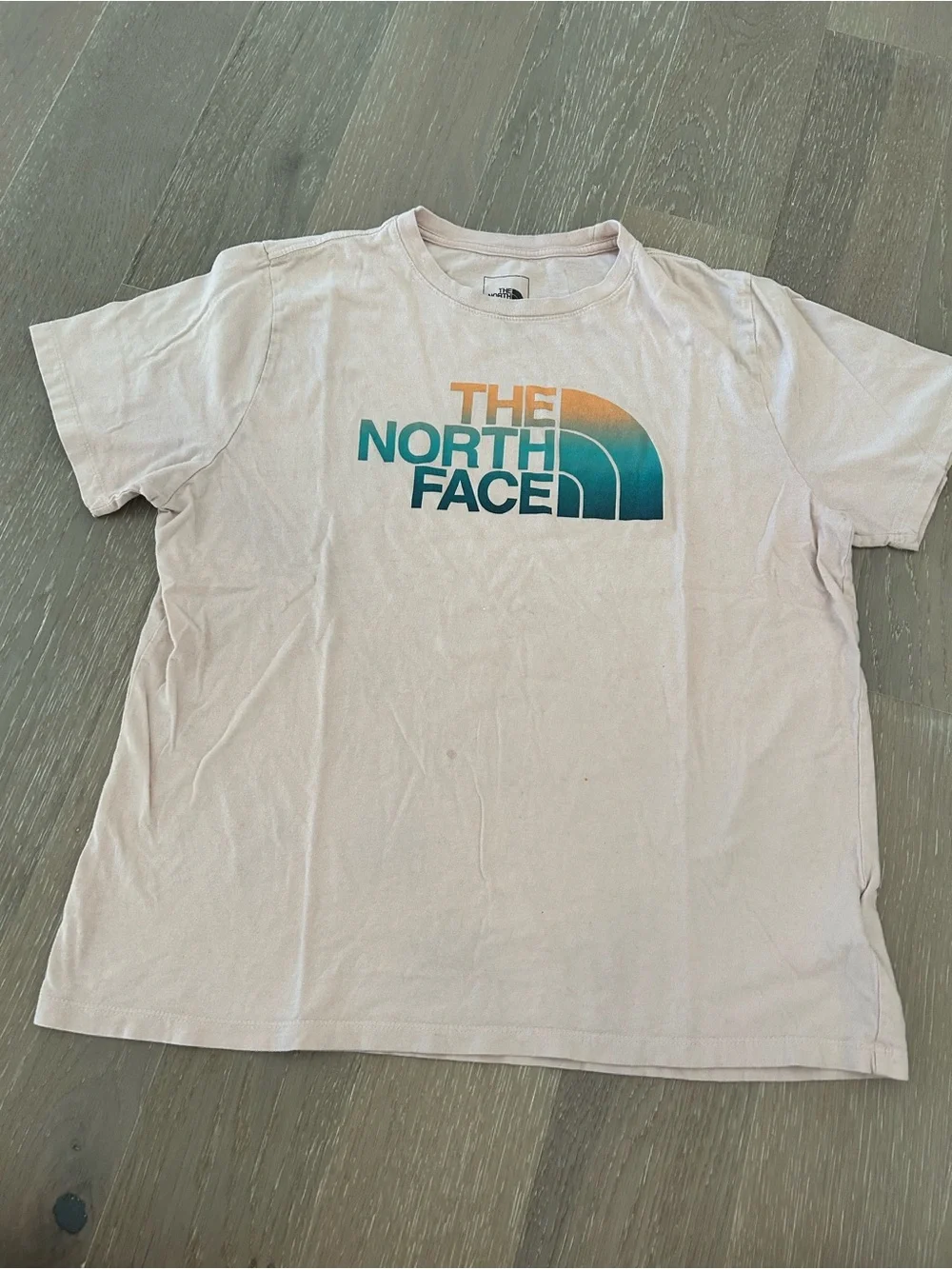 The North Face Men's Crew Tee with Teal and Orange Logo on Light Pink